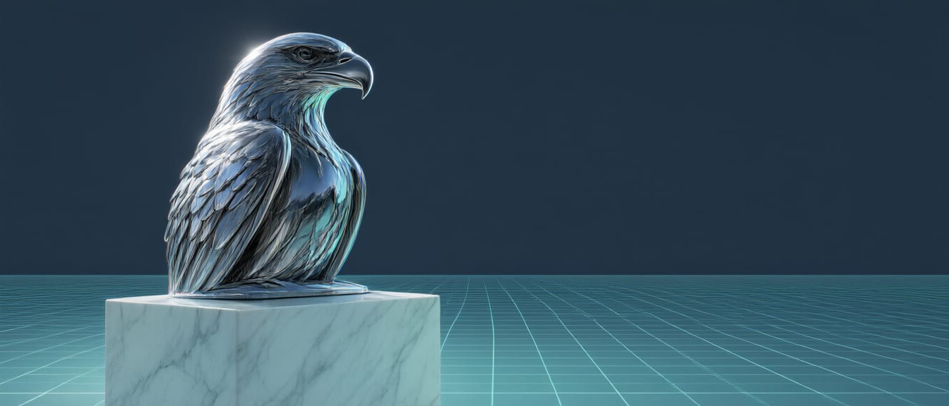 Chrome eagle bust on a marble plinth above a cyan wireframe horizon